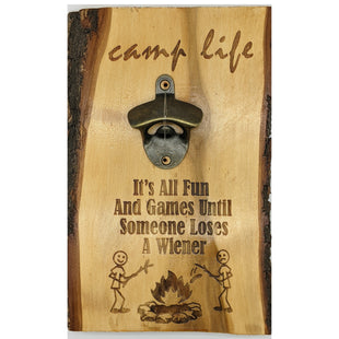 Wall Mount Bottle Opener Laser Engraved with Magnetic Cap Catcher - 11" x 7.5" Rectangular Camp Life