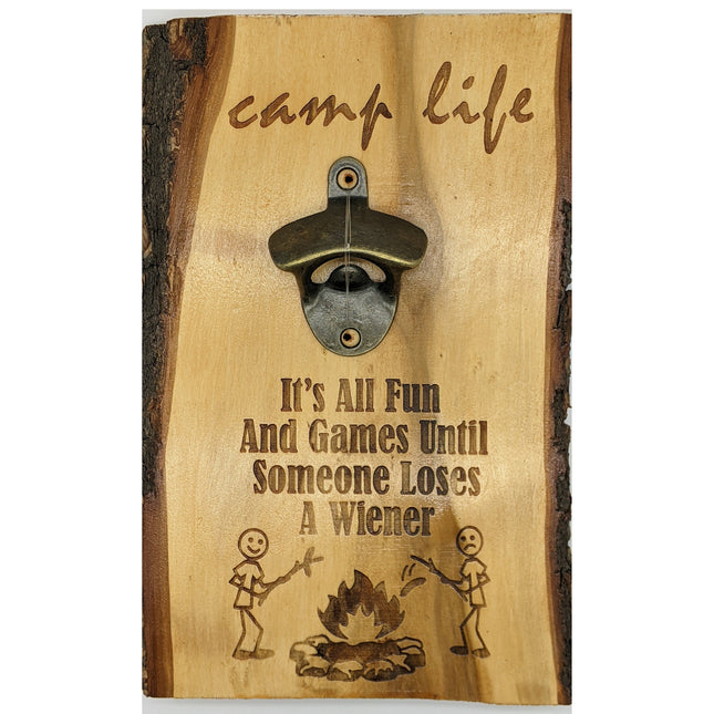 Wall Mount Bottle Opener Laser Engraved with Magnetic Cap Catcher - 11" x 7.5" Rectangular Camp Life