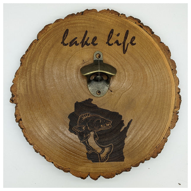 Wall Mount Bottle Opener Laser Engraved With Magnetic Cap Catcher - 11.5" Round - Wisconsin Lake Life