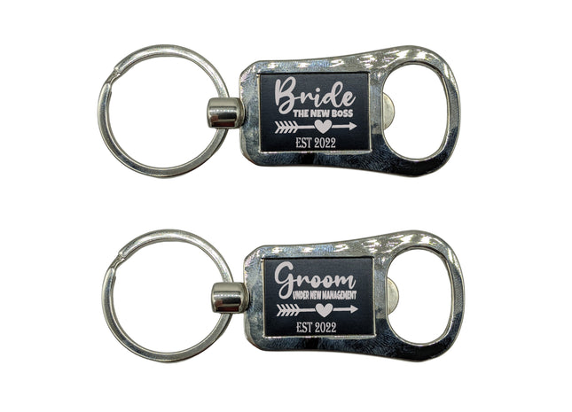 Bottle Opener Keychain - Laser Engraved - Bride and Groom Set