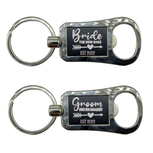 Bottle Opener Keychain - Laser Engraved - Bride and Groom Set