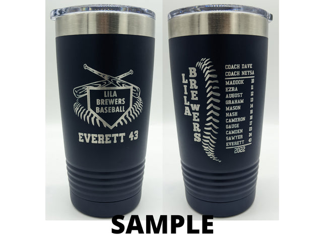 Baseball Team Tumblers, Softball Team Tumblers, Personalized Name and Number, 20 Ounce Insulated Bottle