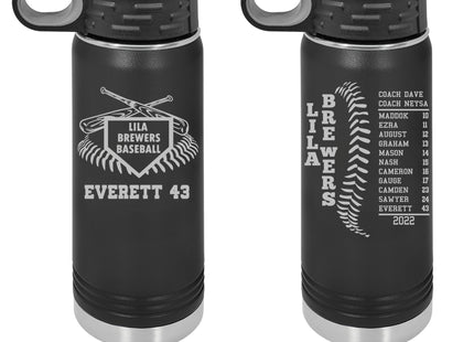 Baseball Team Water Bottles, Softball Team Water Bottles, Personalized Name and Number, 20 Ounce Insulated Bottle