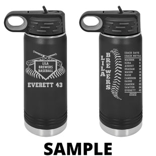 Baseball Team Water Bottles, Softball Team Water Bottles, Personalized Name and Number, 20 Ounce Insulated Bottle