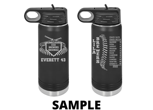 Baseball Team Water Bottles, Softball Team Water Bottles, Personalized Name and Number, 20 Ounce Insulated Bottle