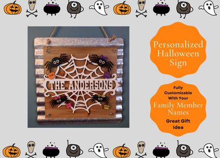 Personalized Family Halloween Sign for Door or Wall - Web of Spiders