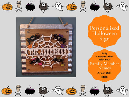 Personalized Family Halloween Sign for Door or Wall - Web of Spiders