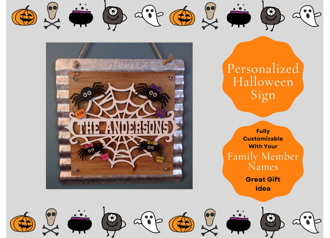 Personalized Family Halloween Sign for Door or Wall - Web of Spiders
