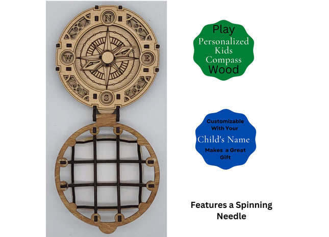 Kids Wood Play Compass - Personalized Laser Engraving With Flip Top and Spinning Directional Needle