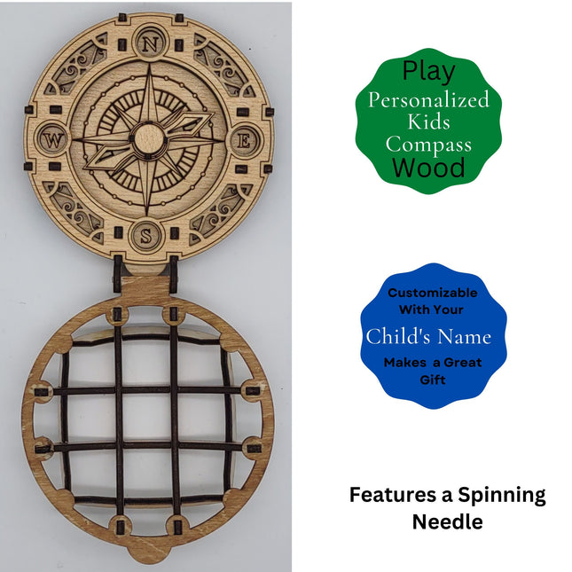 Kids Wood Play Compass - Personalized Laser Engraving With Flip Top and Spinning Directional Needle