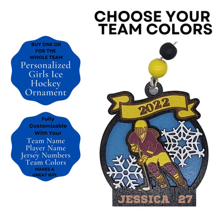 Girls Hockey Personalized Player Ornament |Team Holiday Gift | Ice Hockey Ornament | Girls Ice Hockey Gift