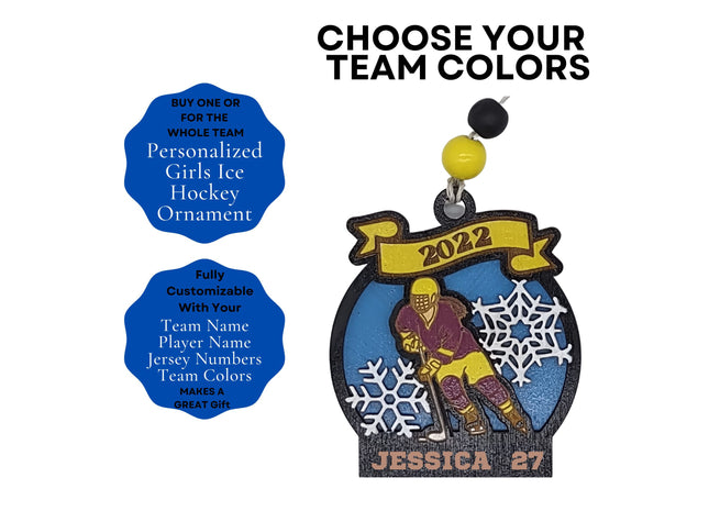 Girls Hockey Personalized Player Ornament |Team Holiday Gift | Ice Hockey Ornament | Girls Ice Hockey Gift