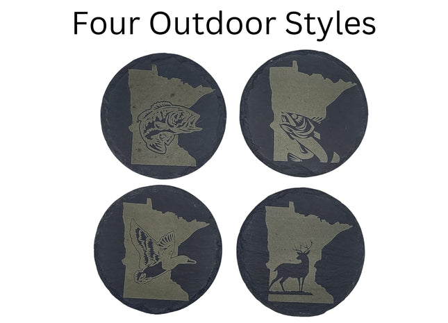 Minnesota Sportsman Coasters | Round Slate Drink Coasters | Minnesota Outdoors Gift | Minnesota Fishing and Hunting Coasters