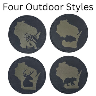 Wisconsin Sportsman Coasters | Round Slate Drink Coasters | Wisconsin Outdoors Gift | Wisconsin Fishing and Hunting Coasters