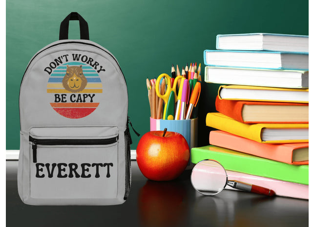 Personalized School Bag | Capybara Backpack | Kids School Backpack | Don't Worry Be Capy Retro Backpack | Light Grey