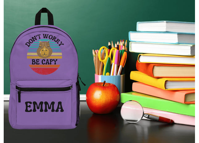 Personalized School Bag | Capybara Backpack | Kids School Backpack | Don't Worry Be Capy Retro Backpack | Light Purple