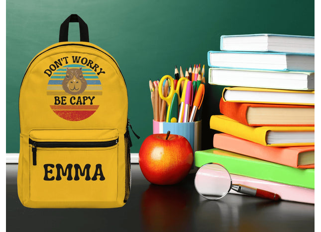 Personalized School Bag | Capybara Backpack | Kids School Backpack | Don't Worry Be Capy Retro Backpack | Yellow