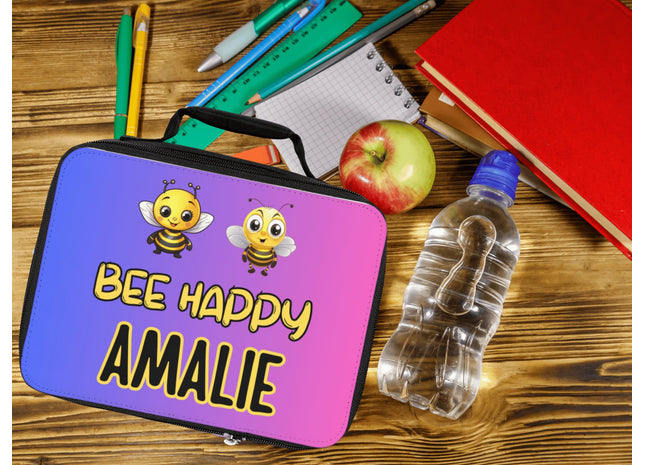 Bee Happy Lunch Bag | Personalized Kids Lunch Box | Pink and Blue School Lunch Bag | Insulated Lunch Bag