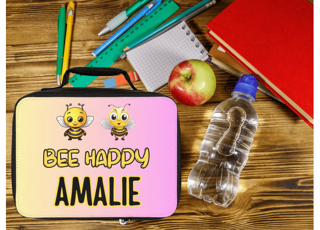 Bee Happy Lunch Bag | Personalized Kids Lunch Box | Yellow and Pink School Lunch Bag | Insulated Lunch Bag