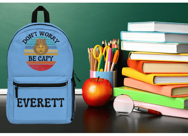 Capybara Backpack | Kids School Backpack | Don't Worry Be Capy Retro Backpack | Light Blue