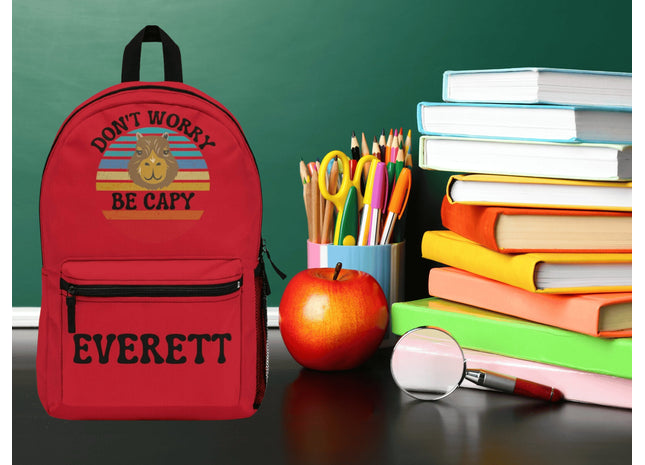 Personalized School Bag | Capybara Backpack | Kids School Backpack | Don't Worry Be Capy Retro Backpack | Dark Red