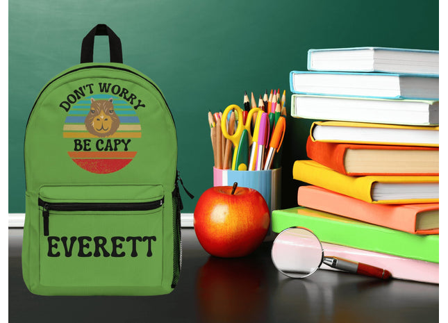 Personalized School Bag | Capybara Backpack | Kids School Backpack | Don't Worry Be Capy Retro Backpack | Green