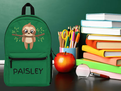 Kids Green Sloth School Backpack | Personalized School Bag | Back to School Book Bag | Green Child Backpack