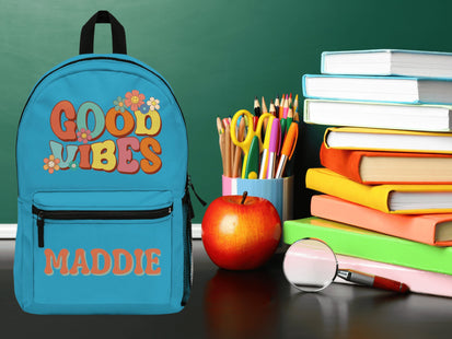 Kids Retro School Backpack | Personalized School Bag | Back to School Backpack | Turquoise Child Book Bag | Good Vibes Book Bag