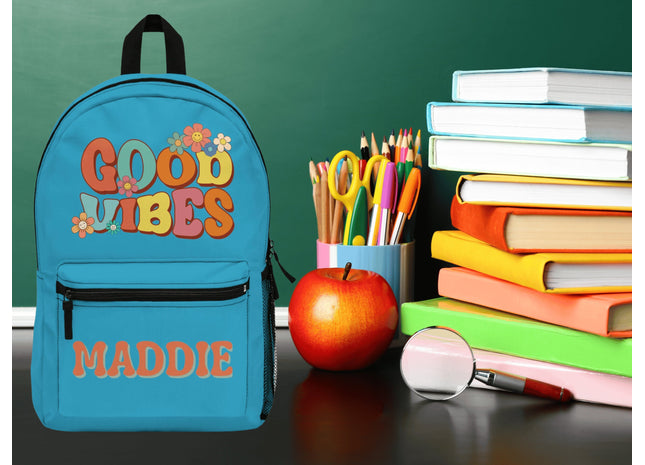Kids Retro School Backpack | Personalized School Bag | Back to School Backpack | Turquoise Child Book Bag | Good Vibes Book Bag
