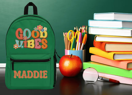 Kids Retro School Backpack | Personalized School Bag | Back to School Backpack | Dark Green Child Book Bag | Good Vibes Book Bag