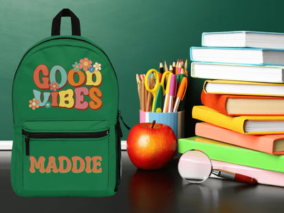 Kids Retro School Backpack | Personalized School Bag | Back to School Backpack | Dark Green Child Book Bag | Good Vibes Book Bag