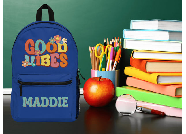 Kids Retro School Backpack | Personalized School Bag | Back to School Backpack | Dark Blue Child Book Bag | Good Vibes Book Bag