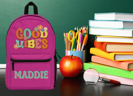 Kids Retro School Backpack | Personalized School Bag | Back to School Backpack | Pink Child Book Bag | Good Vibes Book Bag