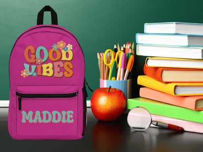 Kids Retro School Backpack | Personalized School Bag | Back to School Backpack | Pink Child Book Bag | Good Vibes Book Bag