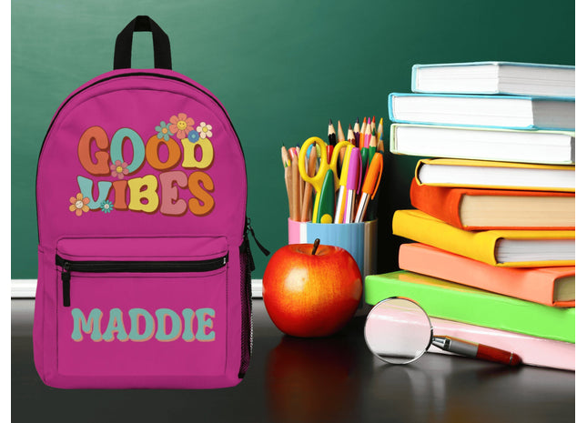 Kids Retro School Backpack | Personalized School Bag | Back to School Backpack | Pink Child Book Bag | Good Vibes Book Bag