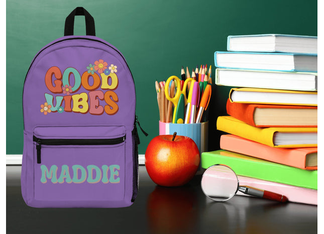 Kids Retro School Backpack | Personalized School Bag | Back to School Backpack | Purple Child Book Bag | Good Vibes Book Bag