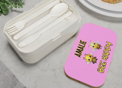 Personalized Bento Box | Bee Happy Bento Lunch Box | Kids School Snack Container | Custom Lunch Box | Pink Child Snack Box