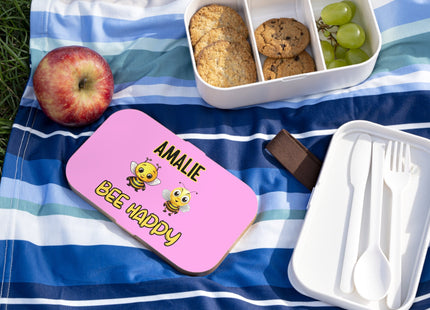 Personalized Bento Box | Bee Happy Bento Lunch Box | Kids School Snack Container | Custom Lunch Box | Pink Child Snack Box