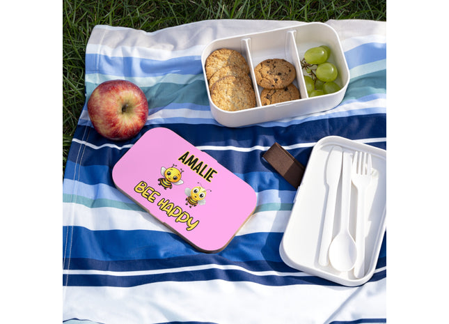 Personalized Bento Box | Bee Happy Bento Lunch Box | Kids School Snack Container | Custom Lunch Box | Pink Child Snack Box