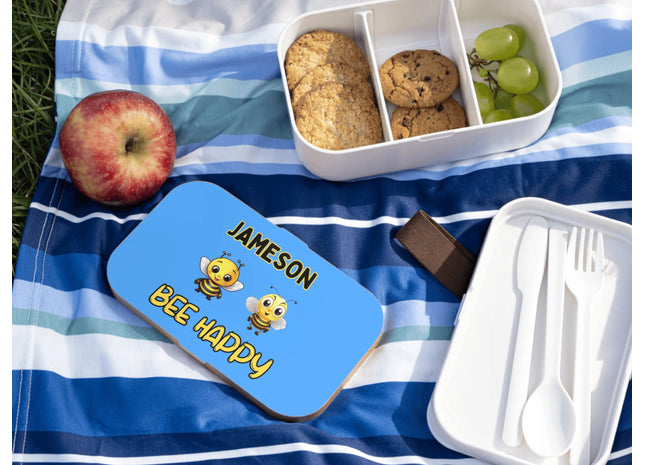 Personalized Bento Box | Bee Happy Bento Lunch Box | Kids School Snack Container | Custom Lunch Box | Light Blue Child Snack Box