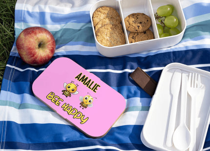 Personalized Bento Box | Bee Happy Bento Lunch Box | Kids School Snack Container | Custom Lunch Box | Pink Child Snack Box