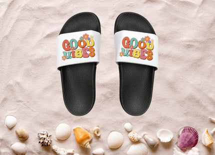 Kids Beach Sandals | Youth Flip Flops | Childrens Slide Sandals | Retro Sandals | Good Vibes White Shoes
