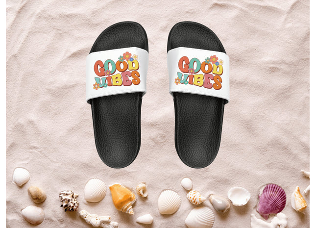 Kids Beach Sandals | Youth Flip Flops | Childrens Slide Sandals | Retro Sandals | Good Vibes White Shoes