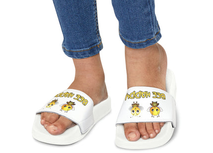 Kids Beach Sandals | Youth Flip Flops | Childrens Slide Sandals | Bee Happy White Sandals