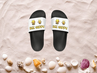 Kids Beach Sandals | Youth Flip Flops | Childrens Slide Sandals | Bee Happy White Sandals