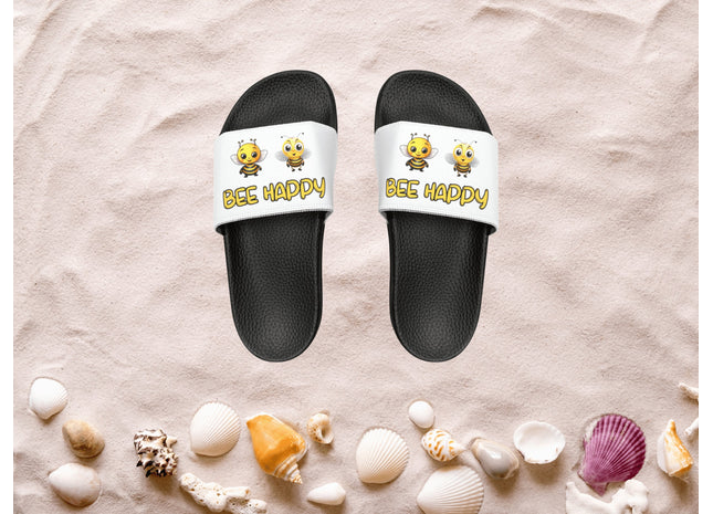 Kids Beach Sandals | Youth Flip Flops | Childrens Slide Sandals | Bee Happy White Sandals