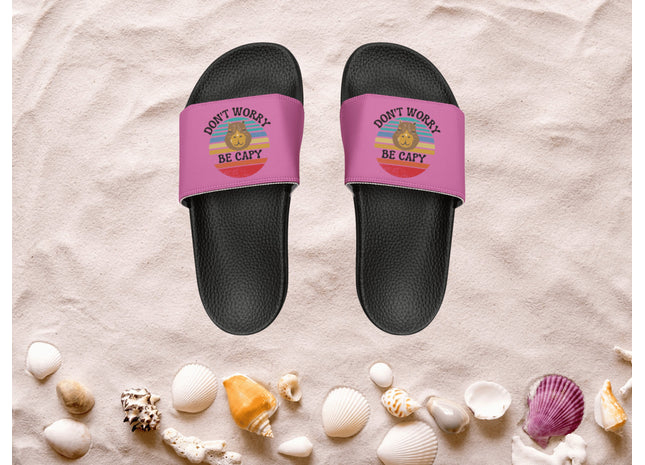 Kids Beach Sandals | Capybara Sandals | Youth Flip Flops | Childrens Slide Sandals | Retro Sandals | Don't Worry Be Capy Pink Shoes