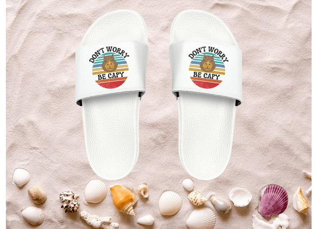 Kids Beach Sandals | Capybara Sandals | Youth Flip Flops | Childrens Slide Sandals | Retro Sandals | Don't Worry Be Capy White Shoes