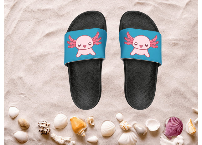 Kids Beach Sandals | Pink Axolotl Sandals | Youth Flip Flops | Childrens Slide Sandals | Turquoise Animal Sandals