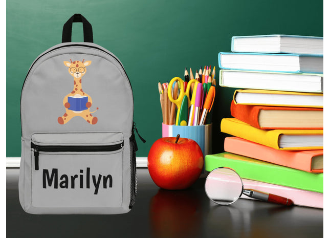 Kids Giraffe School Backpack | Personalized School Bag | Back to School | Gray Book Bag